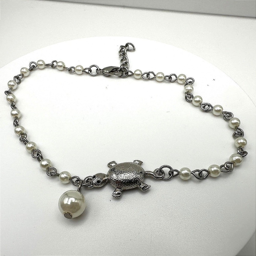 Vintage Y2K Faux Pearl Turtle Charm Bracelets Silver Tone Pendant Boho Jewelry
